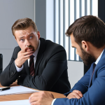 **Business Meeting Misunderstanding:** A slightly embarrassed business person in a meeting after making a mistake due to misunderstanding a technical term. Focus on the awkward atmosphere.