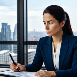 A focused professional woman, mid-30s, in a modest, dark blue business suit, seated at a sleek, minimalist desk. She holds a pen, looking intently at a digital tablet displaying complex charts and strategic notes. Her expression is thoughtful and intelligent, suggesting deep understanding and careful planning. The background is a contemporary, well-lit office with large windows overlooking a city skyline. There are subtle elements of collaboration, like a shared whiteboard in the distance with professional diagrams. Professional photography, cinematic lighting, ultra-detailed, high resolution, realistic. fully clothed, modest clothing, appropriate attire, professional dress, safe for work, appropriate content, natural pose, perfect anatomy, correct proportions, well-formed hands, proper finger count, natural body proportions.
