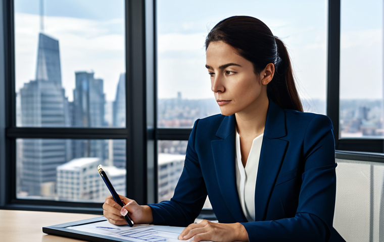 A focused professional woman, mid-30s, in a modest, dark blue business suit, seated at a sleek, minimalist desk. She holds a pen, looking intently at a digital tablet displaying complex charts and strategic notes. Her expression is thoughtful and intelligent, suggesting deep understanding and careful planning. The background is a contemporary, well-lit office with large windows overlooking a city skyline. There are subtle elements of collaboration, like a shared whiteboard in the distance with professional diagrams. Professional photography, cinematic lighting, ultra-detailed, high resolution, realistic. fully clothed, modest clothing, appropriate attire, professional dress, safe for work, appropriate content, natural pose, perfect anatomy, correct proportions, well-formed hands, proper finger count, natural body proportions.