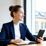 A professional young adult language learner, fully clothed in a modest business casual outfit, sits at a clean, modern cafe table. They are actively engaged in a conversation, speaking English with a bright, confident expression and natural body language. A smartphone, subtly blurred, lies on the table, hinting at technology's role as a tool rather than a crutch. The background is a well-lit, inviting space. Professional photography, high resolution, soft natural lighting, safe for work, appropriate content, perfect anatomy, correct proportions, natural pose, family-friendly.