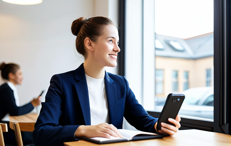 A professional young adult language learner, fully clothed in a modest business casual outfit, sits at a clean, modern cafe table. They are actively engaged in a conversation, speaking English with a bright, confident expression and natural body language. A smartphone, subtly blurred, lies on the table, hinting at technology's role as a tool rather than a crutch. The background is a well-lit, inviting space. Professional photography, high resolution, soft natural lighting, safe for work, appropriate content, perfect anatomy, correct proportions, natural pose, family-friendly.