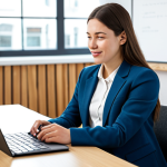 A confident young professional woman in a modest business casual outfit, sitting comfortably at a sleek, modern study desk. She is confidently practicing English pronunciation, speaking into a tablet that displays a language learning application. The setting is a bright, clean co-working space with natural light. The atmosphere is positive and encouraging, showing her dedication. fully clothed, appropriate attire, safe for work, perfect anatomy, natural proportions, well-formed hands, proper finger count, natural body proportions, professional, high quality photography, sharp focus.