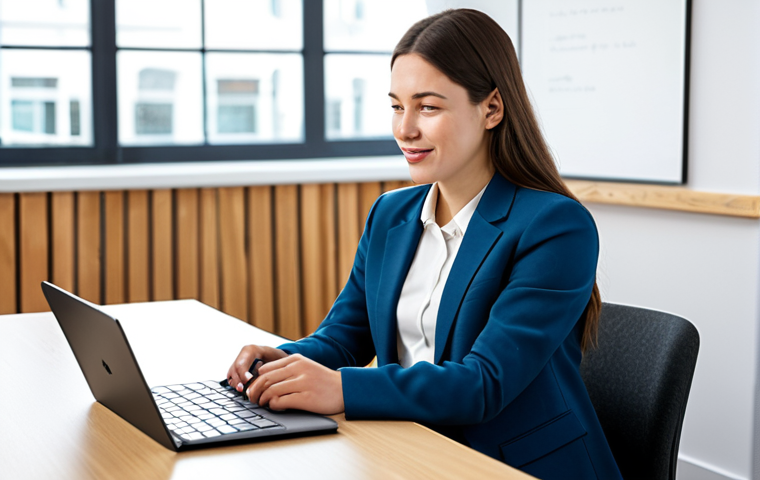 A confident young professional woman in a modest business casual outfit, sitting comfortably at a sleek, modern study desk. She is confidently practicing English pronunciation, speaking into a tablet that displays a language learning application. The setting is a bright, clean co-working space with natural light. The atmosphere is positive and encouraging, showing her dedication. fully clothed, appropriate attire, safe for work, perfect anatomy, natural proportions, well-formed hands, proper finger count, natural body proportions, professional, high quality photography, sharp focus.