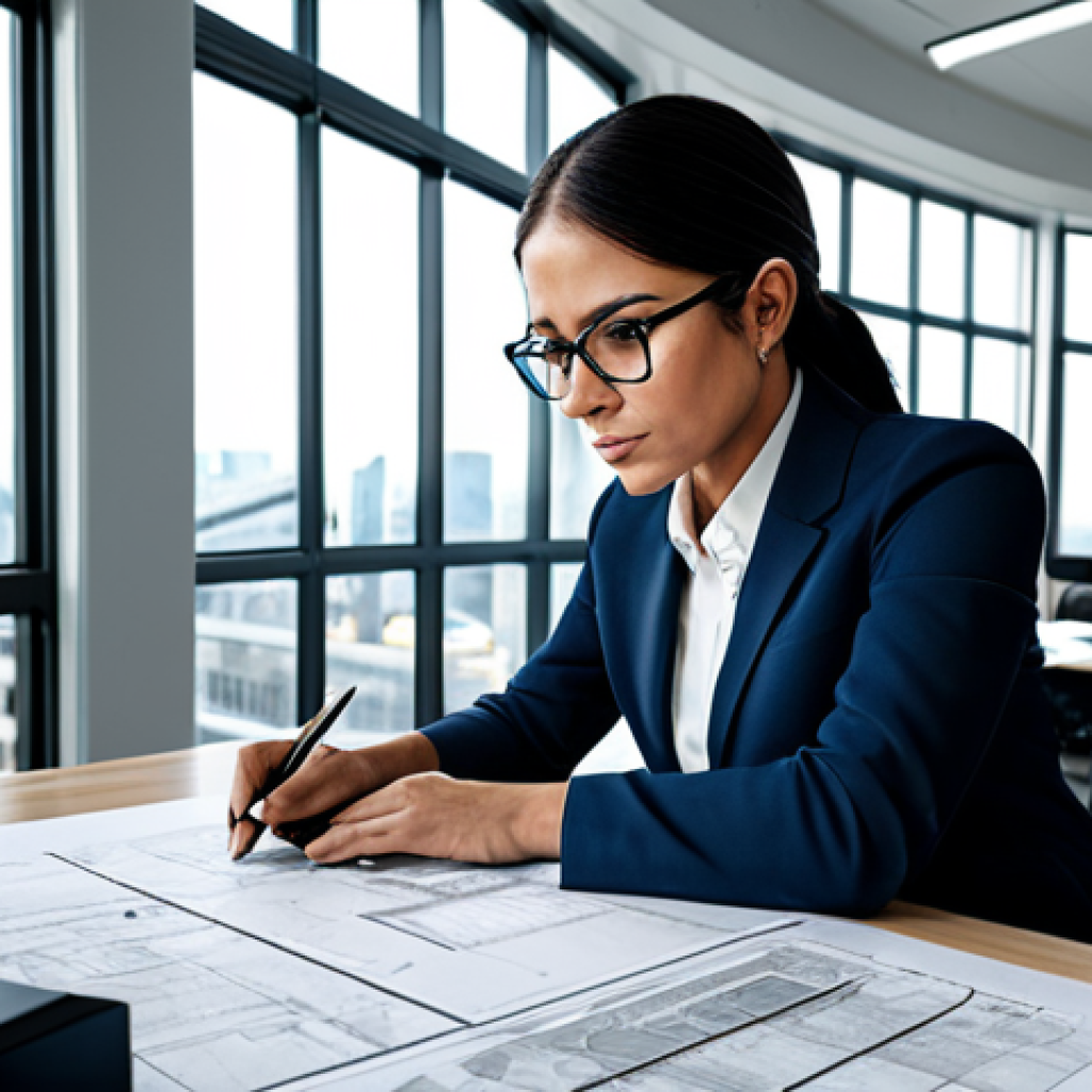 **
A professional female architect in a modern office, reviewing blueprints at her desk. She is wearing a modest business suit and glasses, fully clothed, appropriate attire. The office features large windows with a city view, plants, and a computer setup. Safe for work, perfect anatomy, natural proportions, professional, family-friendly.
**