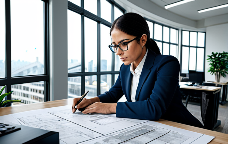 **

A professional female architect in a modern office, reviewing blueprints at her desk. She is wearing a modest business suit and glasses, fully clothed, appropriate attire. The office features large windows with a city view, plants, and a computer setup. Safe for work, perfect anatomy, natural proportions, professional, family-friendly.

**