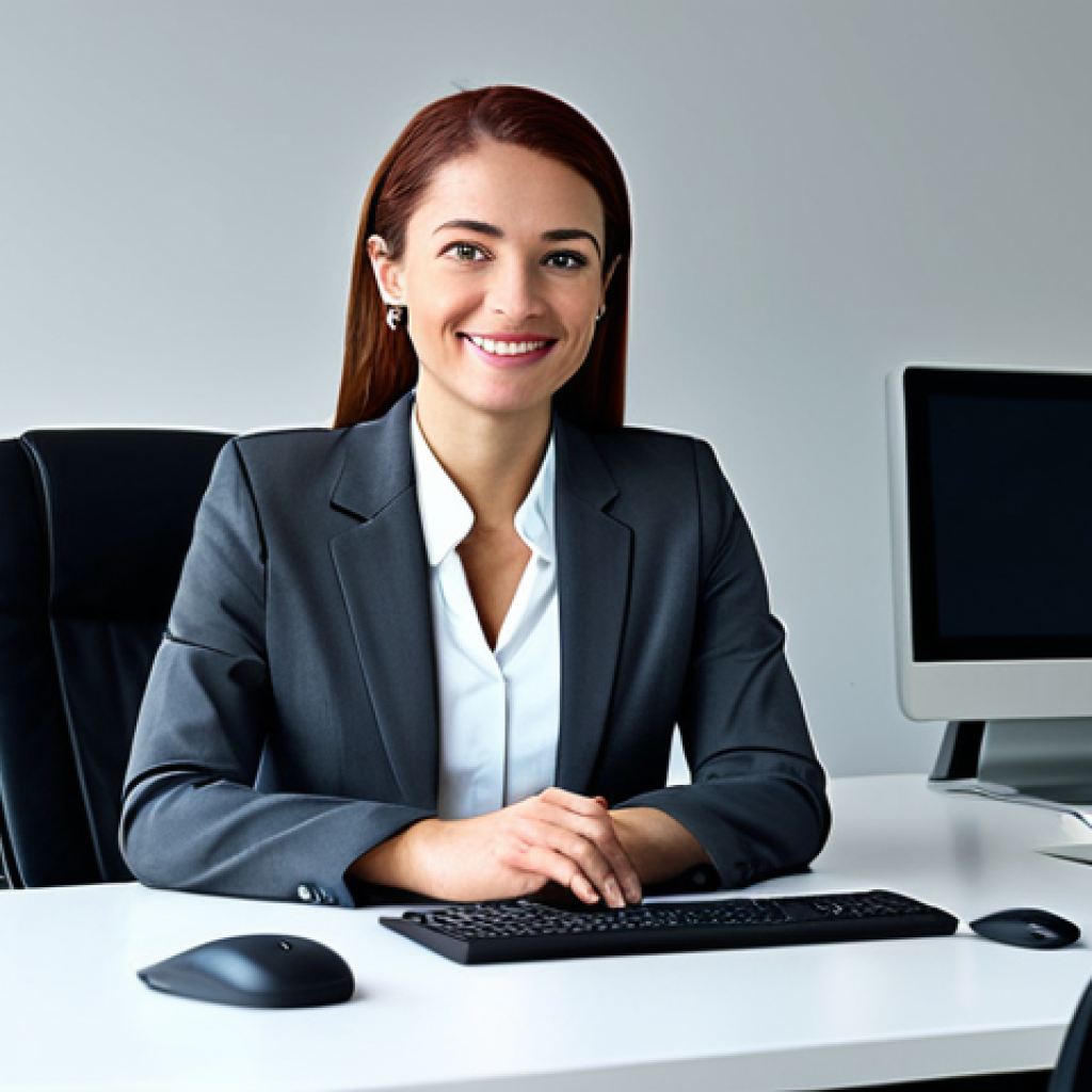 **
A professional businesswoman in a modest business suit, sitting at a desk in a modern office. She is fully clothed in appropriate attire, safe for work. The image should have perfect anatomy, natural proportions, and be a professional photograph of high quality. The background is a brightly lit office with computer screens and coworkers subtly visible. The overall tone is professional and family-friendly, showcasing a successful career woman.
**