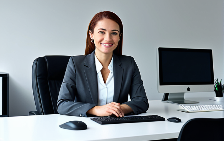 **

A professional businesswoman in a modest business suit, sitting at a desk in a modern office. She is fully clothed in appropriate attire, safe for work. The image should have perfect anatomy, natural proportions, and be a professional photograph of high quality. The background is a brightly lit office with computer screens and coworkers subtly visible.  The overall tone is professional and family-friendly, showcasing a successful career woman.

**