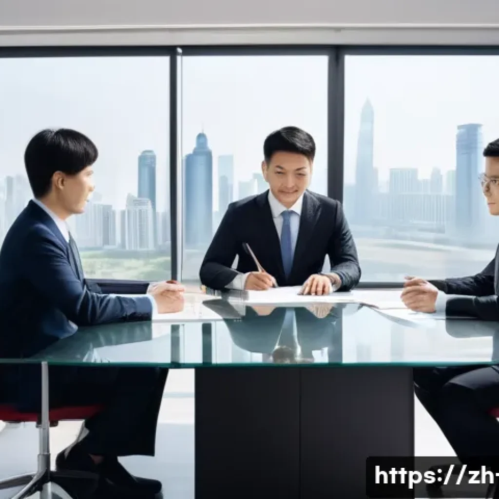법률 영어 표현 - A modern office scene showing a diverse group of professional Chinese-speaking businesspeople in sma...