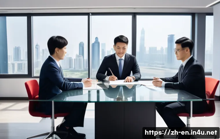 법률 영어 표현 - A modern office scene showing a diverse group of professional Chinese-speaking businesspeople in sma...
