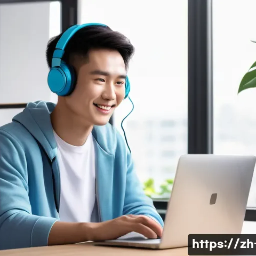 유튜브 영어 학습 채널 - A bright, modern study room scene showing a young Chinese adult casually dressed in neat, modest clo...