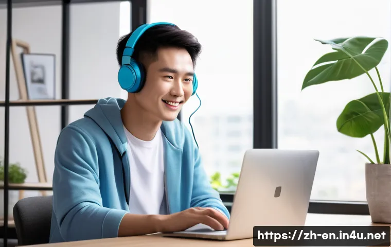 유튜브 영어 학습 채널 - A bright, modern study room scene showing a young Chinese adult casually dressed in neat, modest clo...