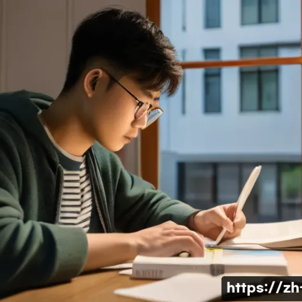 영어 학습에서 주의할 점 - A modern study room scene featuring a young Chinese adult sitting at a desk with a laptop and Englis...