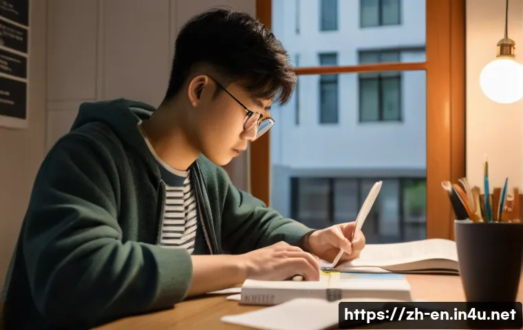 영어 학습에서 주의할 점 - A modern study room scene featuring a young Chinese adult sitting at a desk with a laptop and Englis...