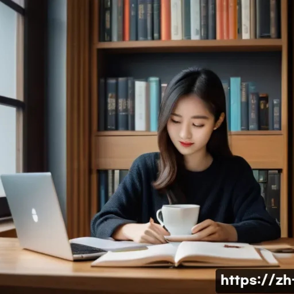 영어 독해 실력 높이기 - A modern study scene showing a young Chinese woman in casual clothing sitting at a neat desk in a qu...