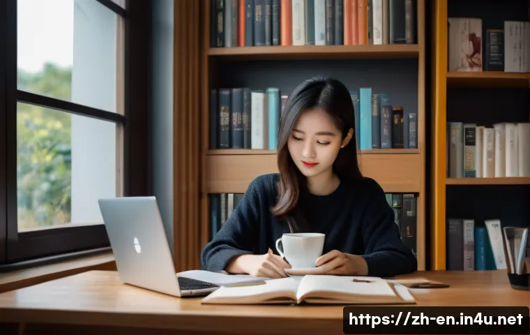 영어 독해 실력 높이기 - A modern study scene showing a young Chinese woman in casual clothing sitting at a neat desk in a qu...