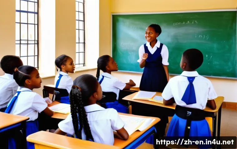 아프리카의 영어 사용 현황 - A vibrant African classroom scene featuring diverse students aged around 14-16, all wearing school u...