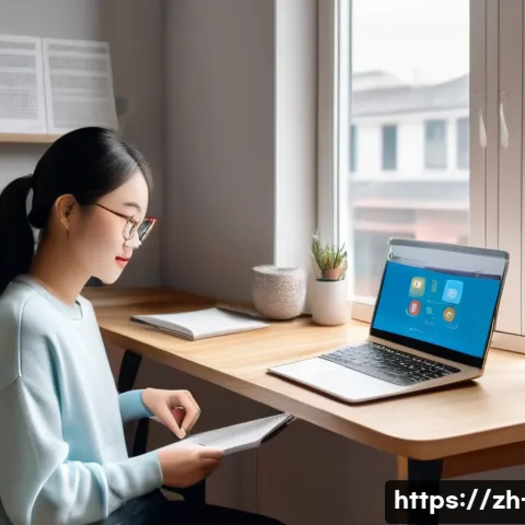 효율적인 영어 학습 계획 세우기 - A modern, cozy study corner featuring a young Chinese woman focused on learning English using a lapt...
