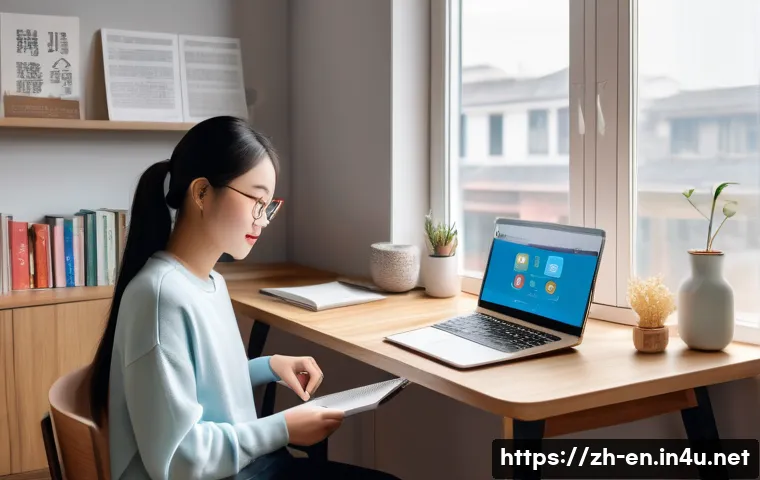 효율적인 영어 학습 계획 세우기 - A modern, cozy study corner featuring a young Chinese woman focused on learning English using a lapt...