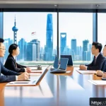 다국어 학습과 영어의 중요성 - A modern international business meeting scene in a bright conference room, diverse professionals fro...