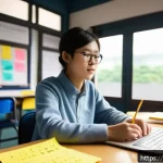 영어로 생각하는 연습법 - A modern classroom scene showing a young Chinese adult student sitting at a desk, focusing intently ...
