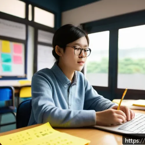 영어로 생각하는 연습법 - A modern classroom scene showing a young Chinese adult student sitting at a desk, focusing intently ...