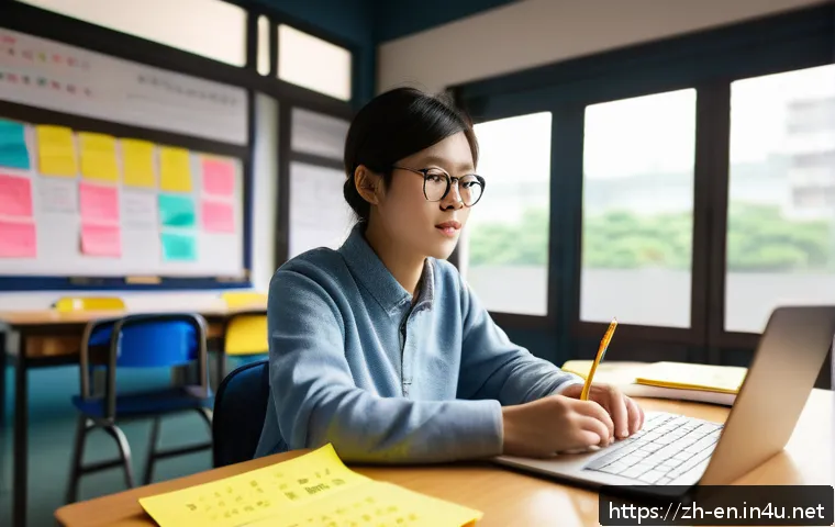 영어로 생각하는 연습법 - A modern classroom scene showing a young Chinese adult student sitting at a desk, focusing intently ...