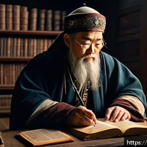 고대 영어 특징 - A detailed scene depicting an ancient Anglo-Saxon scholar in a dimly lit medieval study, surrounded ...