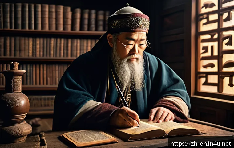 고대 영어 특징 - A detailed scene depicting an ancient Anglo-Saxon scholar in a dimly lit medieval study, surrounded ...