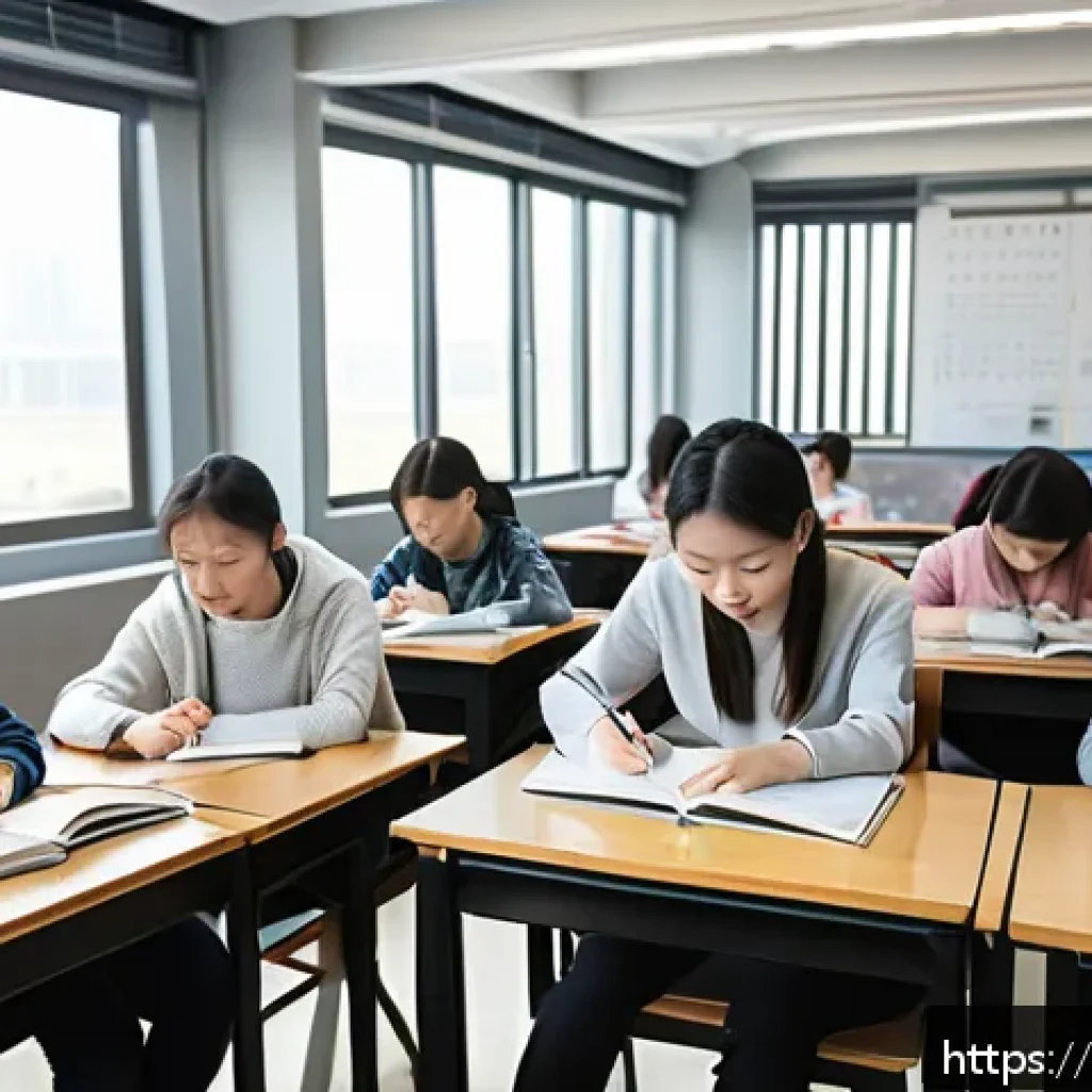 대학 입학에 필요한 영어 점수 - A modern Chinese university classroom scene with diverse students studying English, featuring detail...