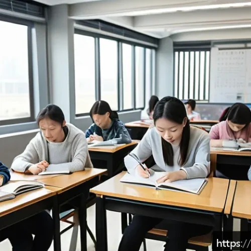 대학 입학에 필요한 영어 점수 - A modern Chinese university classroom scene with diverse students studying English, featuring detail...