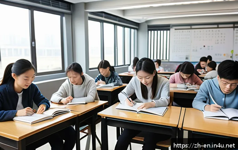 대학 입학에 필요한 영어 점수 - A modern Chinese university classroom scene with diverse students studying English, featuring detail...