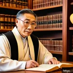 영어와 라틴어의 관계 - A detailed, artistic illustration of an ancient Roman scholar surrounded by floating Latin root word...